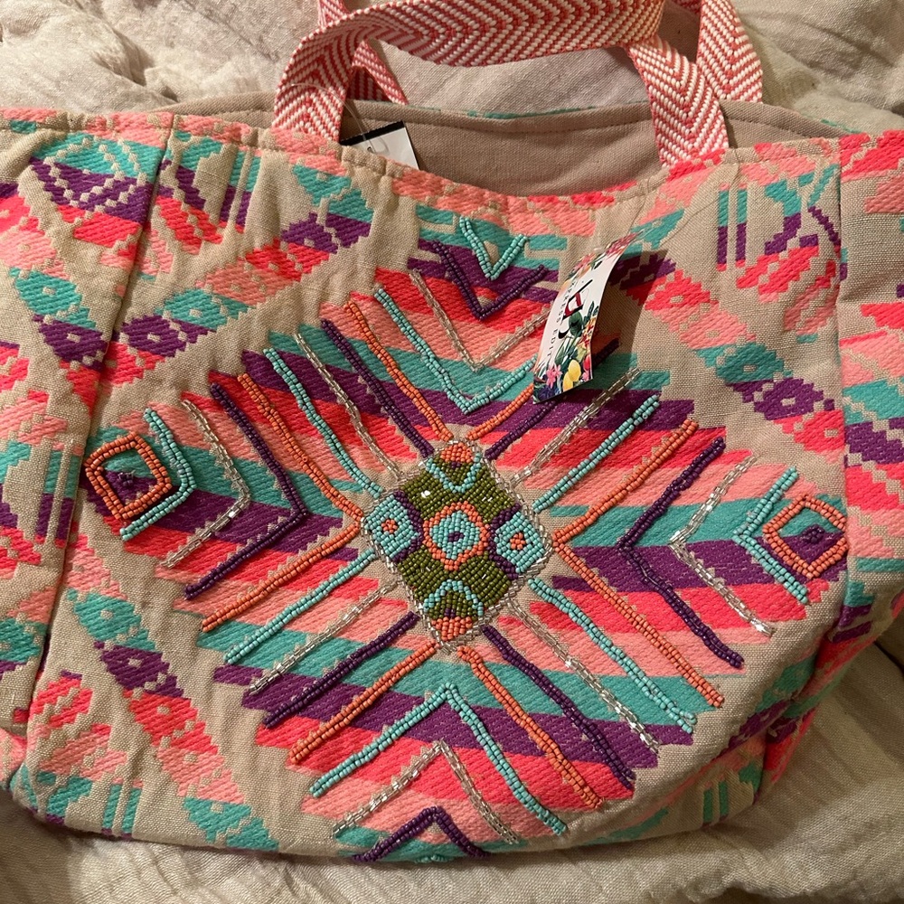 America & Beyond Colorful Embroidered Tote Bag